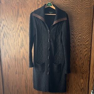 Eddie Bauer Duster Cardigan with brown “leather” trim and elbow patches
